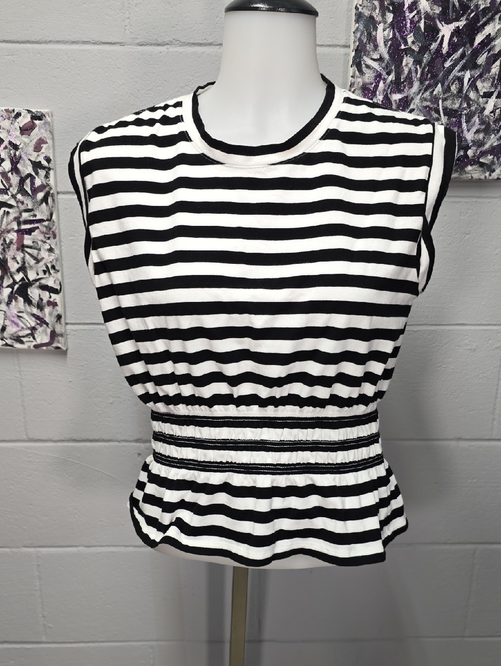White House Black Market Black and White Striped Sleeveless Peplum Top